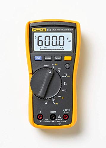 Fluke 115 Digital Multimeter, Measures AC/DC Voltage To 600 V & Current to 10 A, Measures Resistance, Continuity, Frequency & Capacitance, Includes Battery, Holster & 4mm PVC-Insulated Test Lead