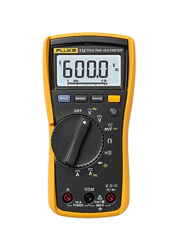 Fluke 115 Digital Multimeter, Measures AC/DC Voltage To 600 V & Current to 10 A, Measures Resistance, Continuity, Frequency & Capacitance, Includes Battery, Holster & 4mm PVC-Insulated Test Lead