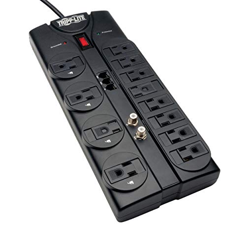 Tripp Lite TLP1208TELTV 12 Outlet Surge Protector Power Strip, 8ft Cord, Right-Angle Plug, Tel/Modem/Coax Protection, RJ11, & Dollar 150,000 Insurance Black